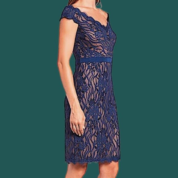Tadashi Shoji Lace Off-The-Shoulder Sheath Dress Royal Blue Size 8 - Picture 4 of 16